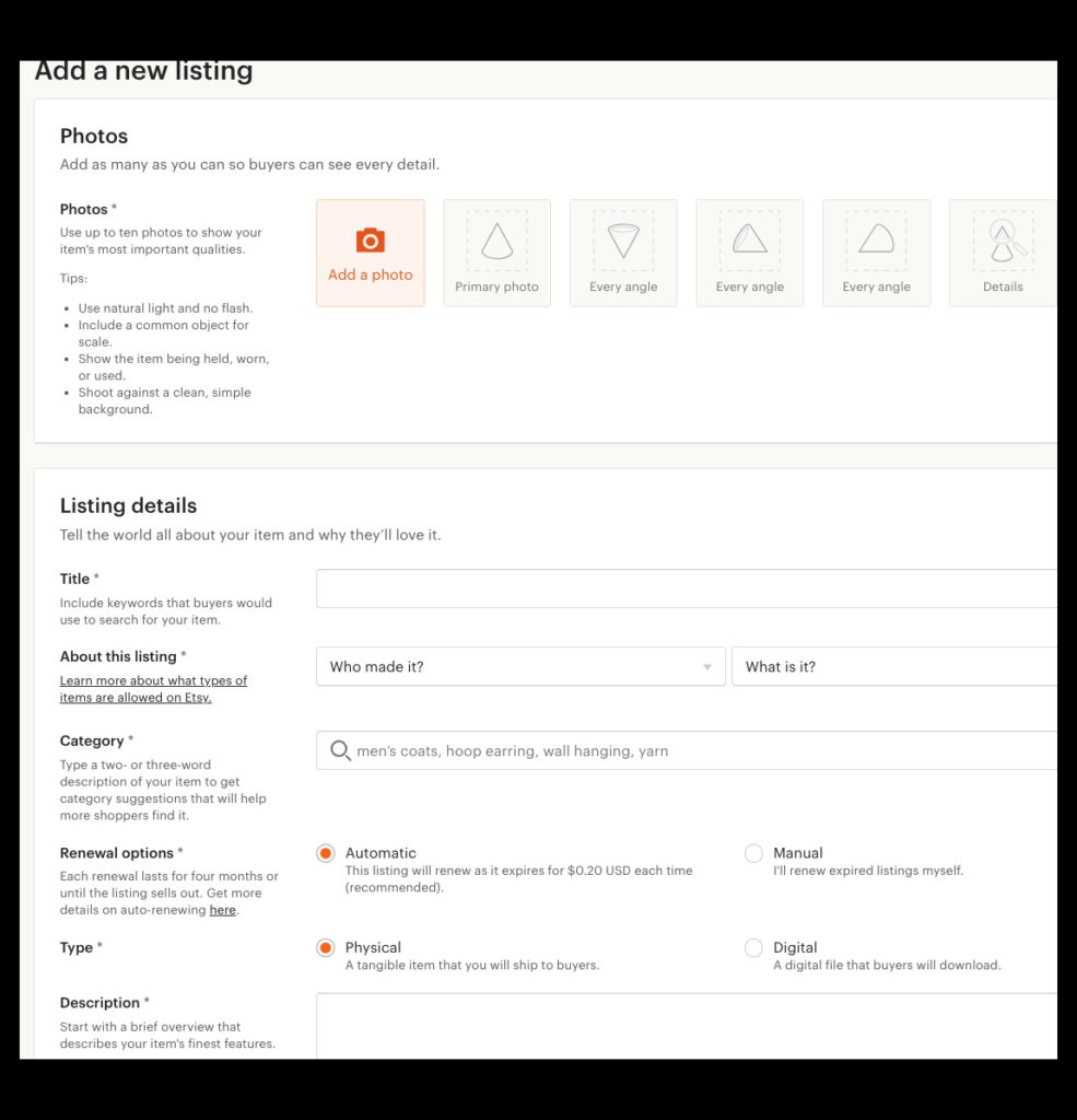 Screen shot of Etsy listing submission form with fields to complete