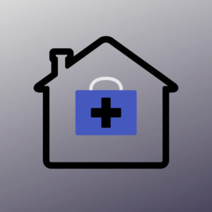 Icon of a suitcase with a cross on it, indicating medical, on top of a home icon