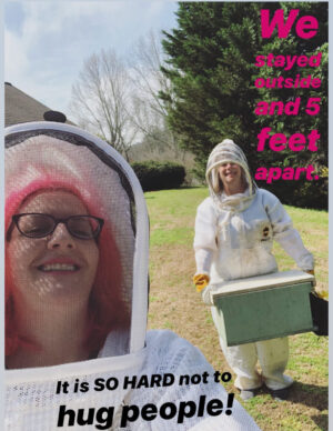 two beekeepers with text about staying apart due to covid-19