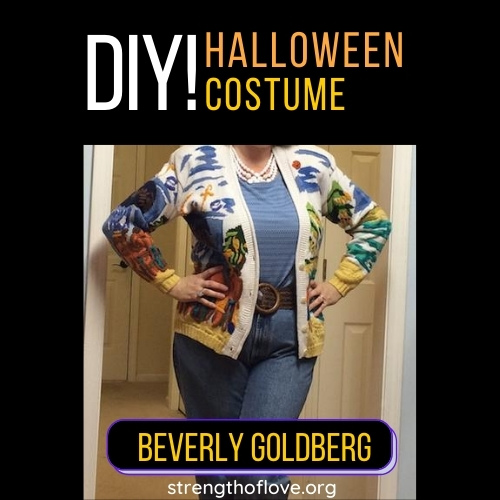 DIY Beverly Goldberg costume title with image of woman in 80s clothes as a Halloween costume