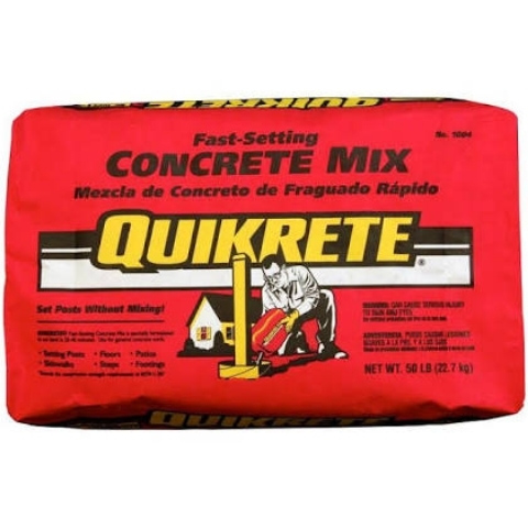 product photo of a bag of quickrete concrete, a red bag with yellow lettering